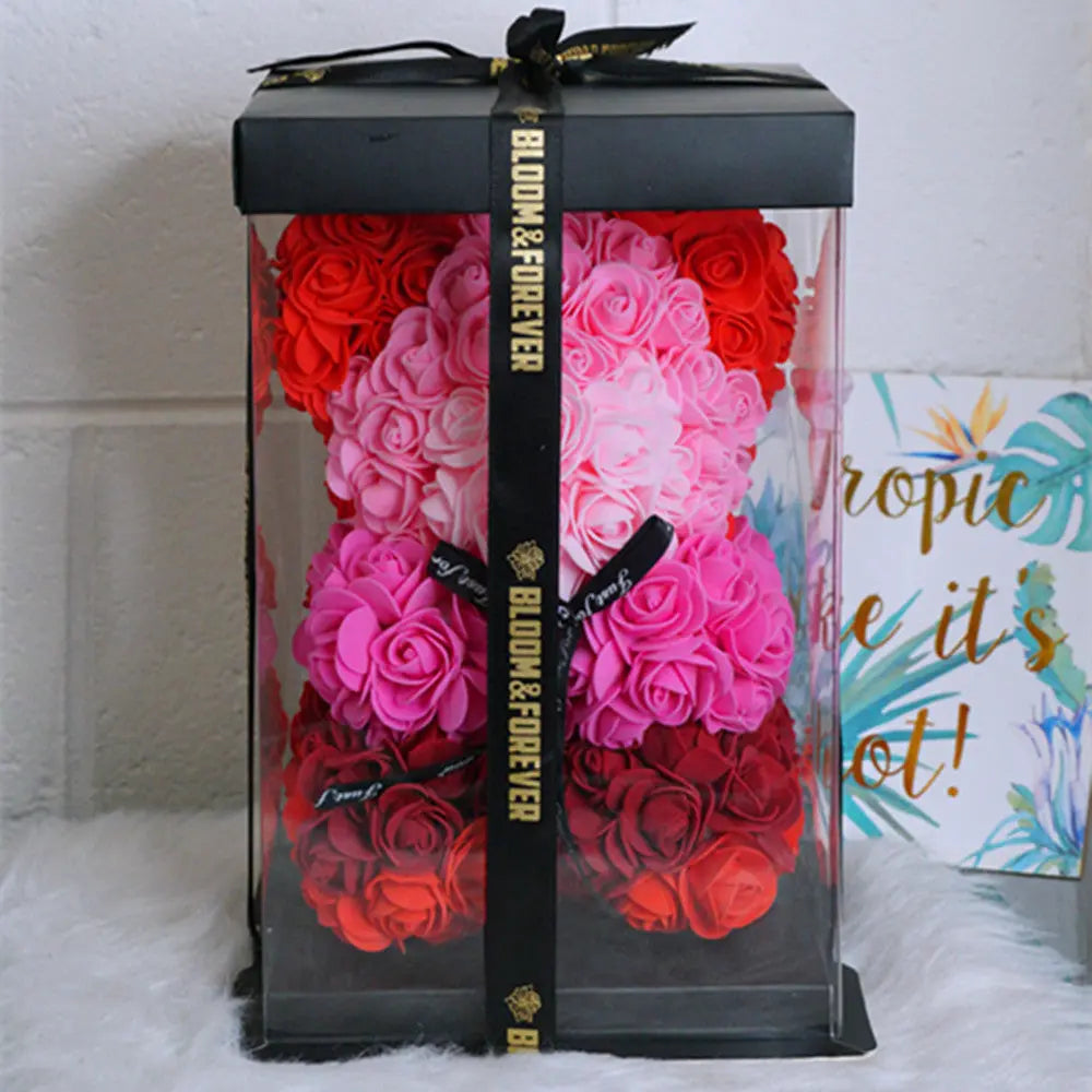 Rainbow mix rose bear, 25 cm, displayed in gift box on desk