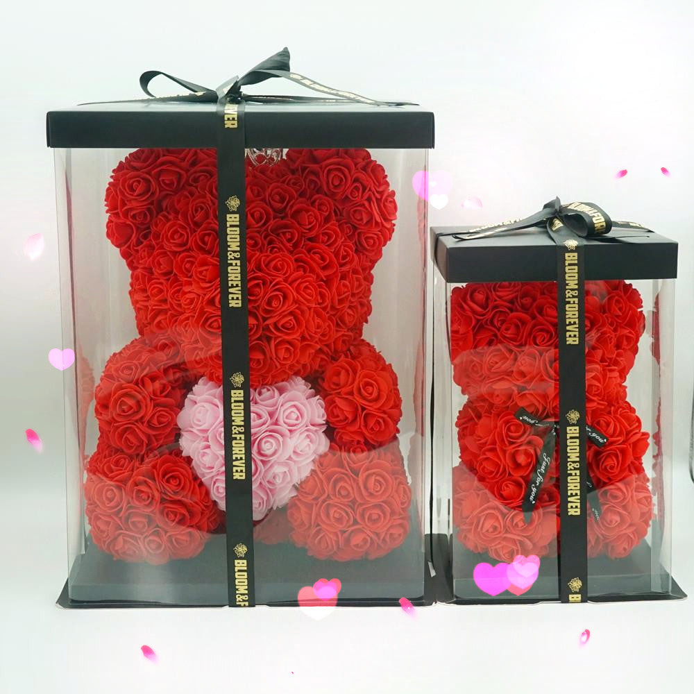 Red rose bear with pink heart, 40 cm, size comparison view