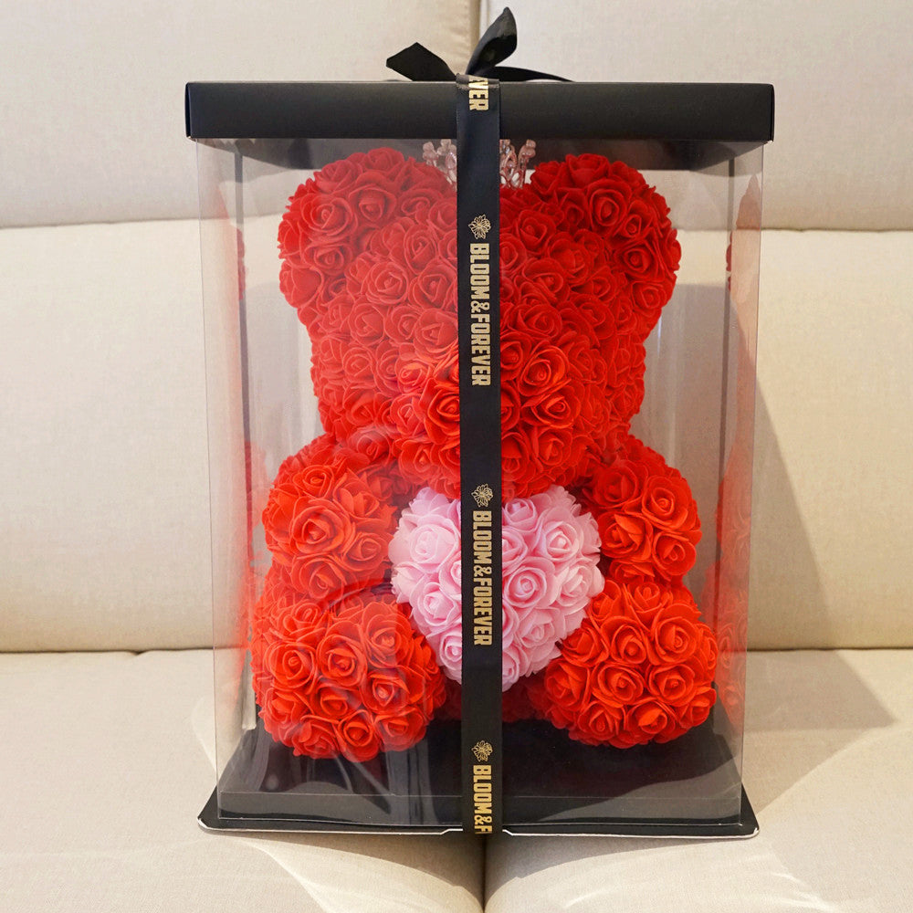 Red rose bear with pink heart, 40cm, displayed in gift box