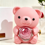 Bloom and Forever Rotating Eternal Rose Bear Gift Box in pink, front view showing a soft pink preserved rose encased in a clear heart-shaped acrylic globe held by the bear, with a gold wind-up key on the side, displayed beside a white outer gift box with personalised gold plaque on a cream surface