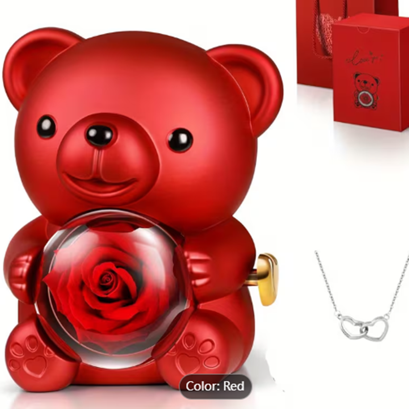 front of authenticity for red rotating eternal rose bear