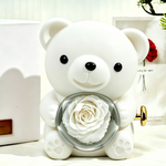 Bloom and Forever Rotating Eternal Rose Bear Gift Box in white, front view showing a white preserved rose encased in a clear heart-shaped acrylic globe held by the bear, with a gold wind-up key on the side, displayed beside a white outer gift box with personalised gold plaque on a cream surface