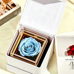 Top-down view of the blue Bloom and Forever Rotating Eternal Rose Jewelry Gift Box nestled inside an open white outer gift box, showing a soft blue preserved rose under a clear acrylic lid with gold frame on a black base, with an Especially for You greeting card beside it on a cream surface