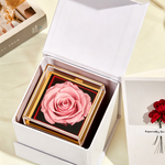 Top-down view of the pink Bloom and Forever Rotating Eternal Rose Jewelry Gift Box nestled inside an open white outer gift box, showing a soft pink preserved rose under a clear acrylic lid with gold frame on a black base, with an Especially for You greeting card beside it on a cream surface