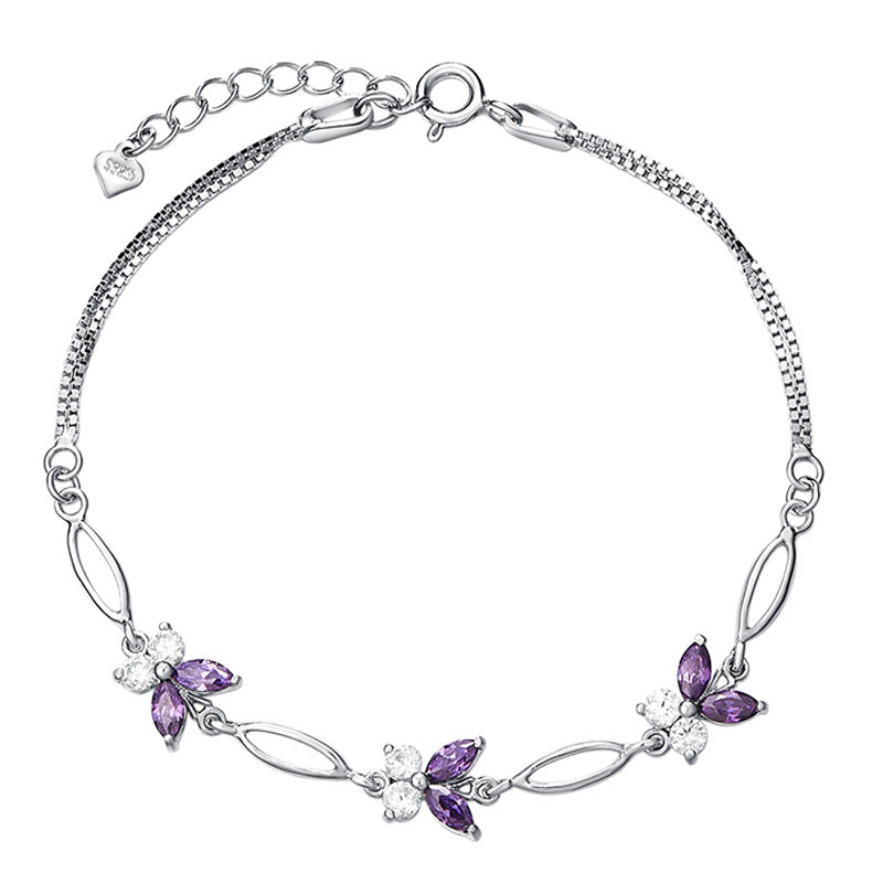 Sparkling butterfly zircon silver bracelet, front view