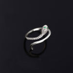 Sparkling zircon snake ring in silver, front view