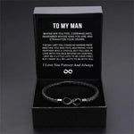 Trendy 8-shaped men’s leather bracelet displayed in gift box