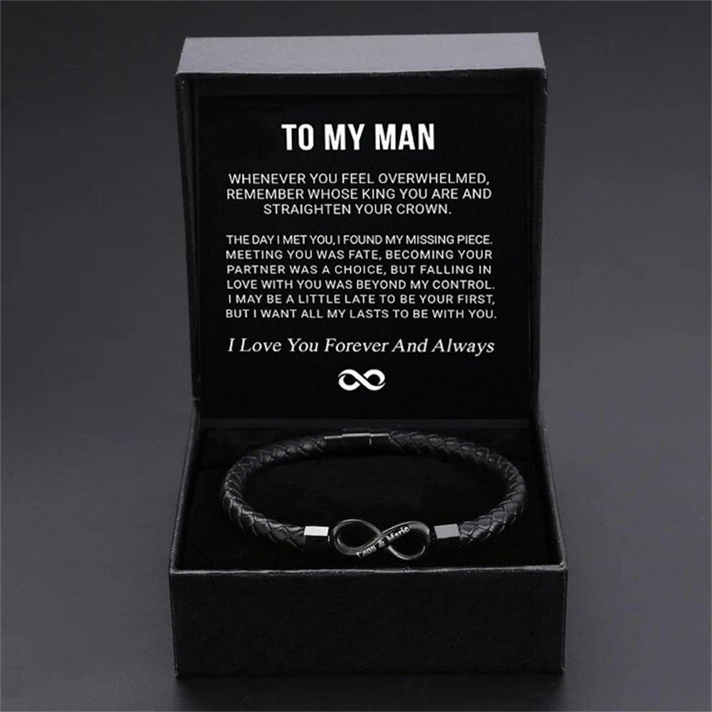 Trendy 8-shaped men’s leather bracelet displayed in gift box