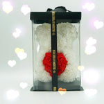 White rose bear with red heart, 25 cm, displayed in gift box